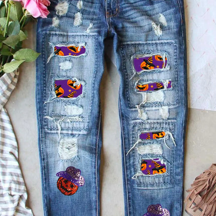 Distressed Sequin Pumpkin Jeans