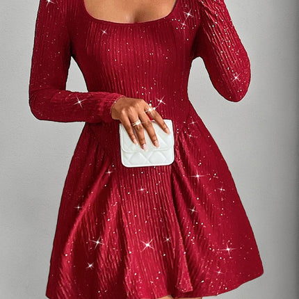 Backless Glitter Square Neck Long Sleeve Mini Dress