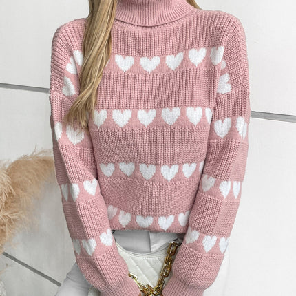 Heart Turtleneck Dropped Shoulder Sweater