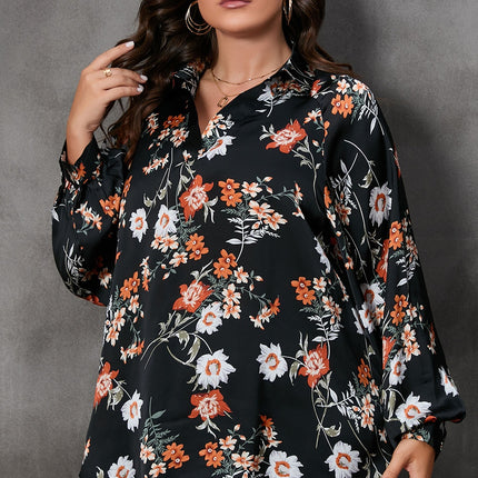 Plus Size Printed Johnny Collar Long Sleeve Blouse