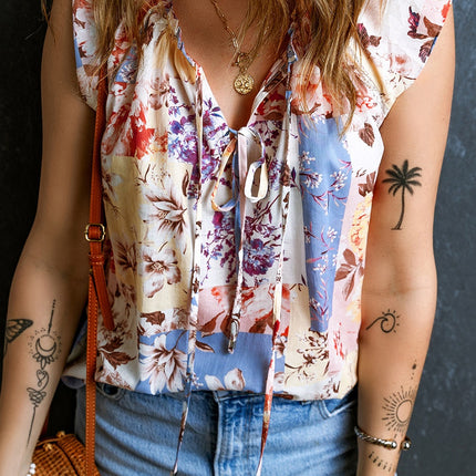 Printed Tie Neck Cap Sleeve Blouse