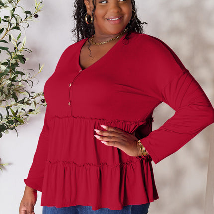 Double Take Half Button Long Sleeve Ruffle Hem Blouse