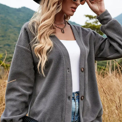 Shiny Button Down V-Neck Dropped Shoulder Jacket