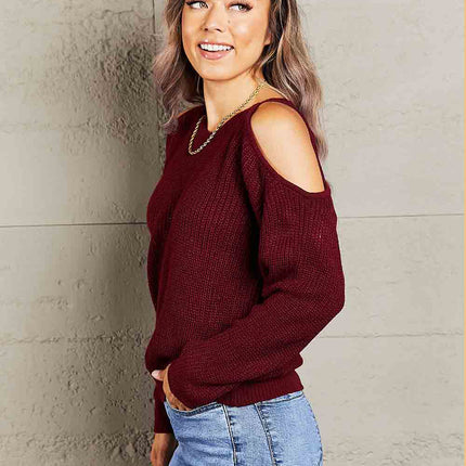 Double Take Round Neck Cold-Shoulder Ribbed Sweater