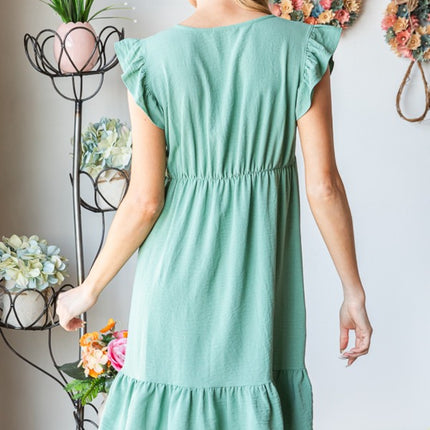 Heimish Full Size Short Sleeve V Neck Ruffled Hem Dress