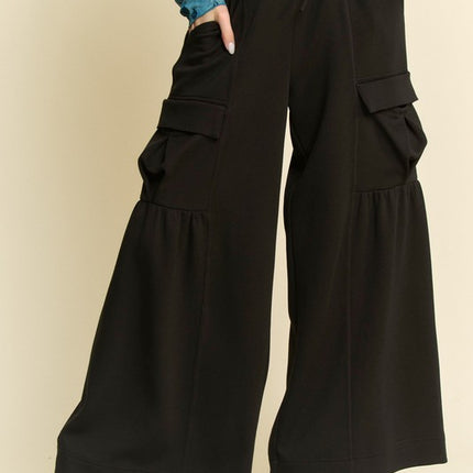 Davi & Dani Drawstring Ruched Detail Wide Leg Pants