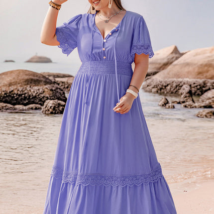 Plus Size Lace Detail Tie Neck Short Sleeve Maxi Dress