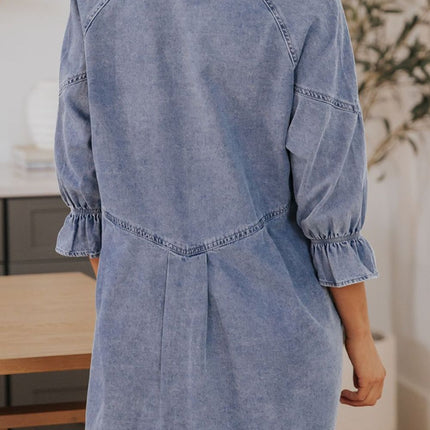 Distressed Collared Neck Flounce Sleeve Denim Dress