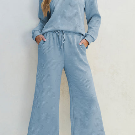 Textured Collared Neck Top and Wide Leg Pants Set