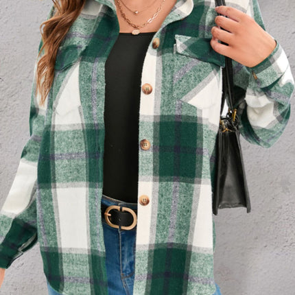 Full Size Pocketed Plaid Collared Neck Shacket