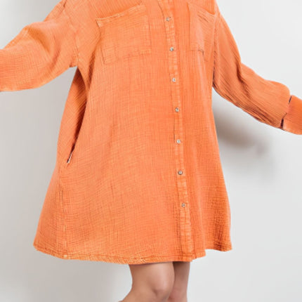 Pocketed Button Up Long Sleeve Shirt Dress