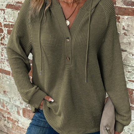 Waffle Knit Long Sleeve Drawstring Hooded Top