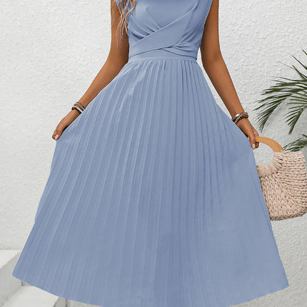 Pleated Round Neck Cap Sleeve Dress - Vickie Lynn's