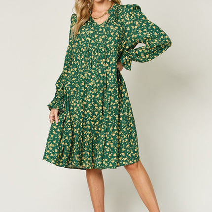 Double Take Full Size Printed Ruffle Hem Long Sleeve Dress