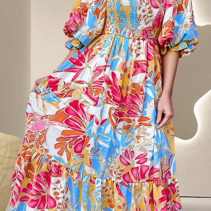 Smocked Printed Half Sleeve Midi Dress