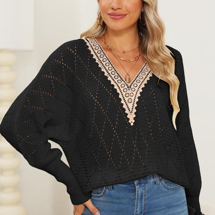 Lace Detail V-Neck Long Sleeve Sweater