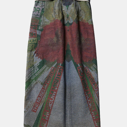 Reversible Slit Printed Midi Denim Skirt