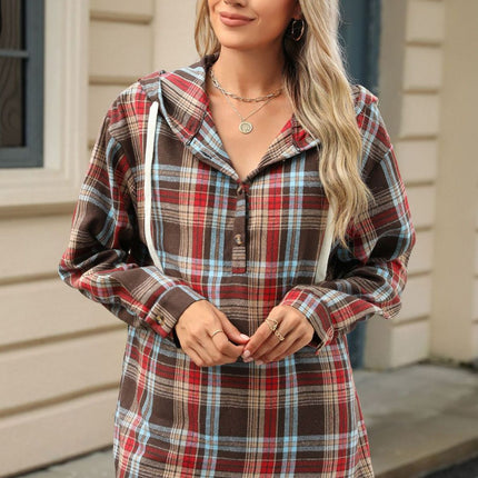 Drawstring Plaid Hooded Long Sleeve Top