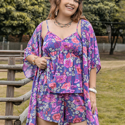 Plus Size Printed Cami, Open Front Cover Up and Shorts Set