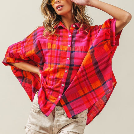 BiBi Button Up Dolman Sleeve Plaid Shirt