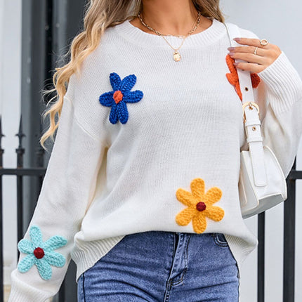 Crochet Flower Round Neck Sweater