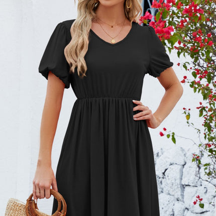 V-Neck Balloon Short Sleeve Dress