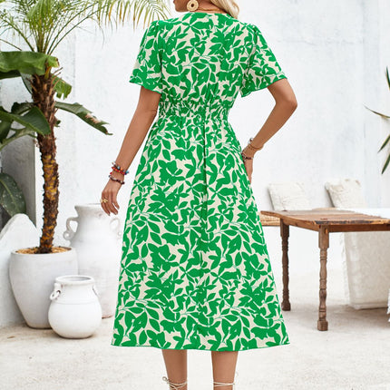 Printed Surplice Short Sleeve Midi Dress