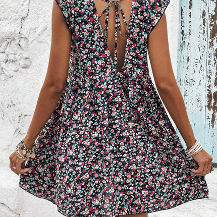 Printed V-Neck Cap Sleeve Mini Dress