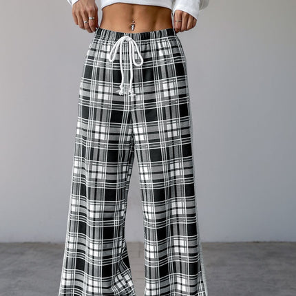 Perfee Drawstring Plaid Wide Leg Pants