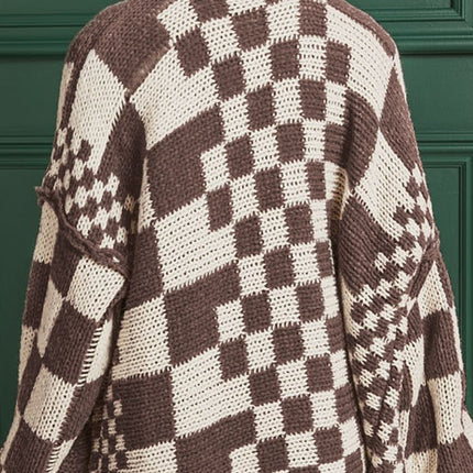 Checkered Open Front Long Sleeve Cardigan