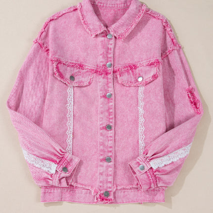 Lace Detail Distressed Button Up Denim Jacket