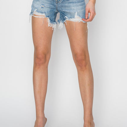 RISEN High Rise Frayed Hem Denim Shorts