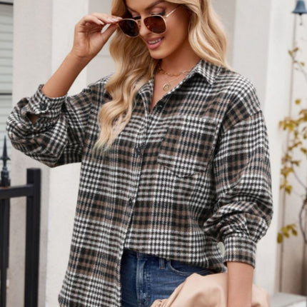 Mandy Pocketed Plaid Collared Neck Long Sleeve Shirt