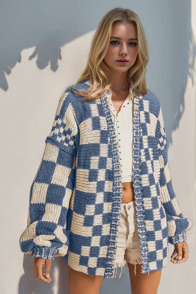 Double Take Full Size Open Front Checkered Drop Shoulder Cardigan - Vickie Lynn's