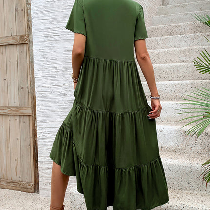 Tiered Notched Short Sleeve Midi Dress