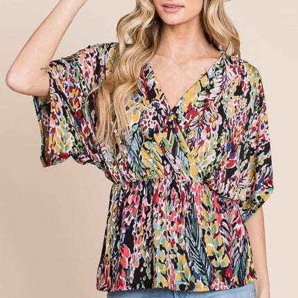 BOMBOM Printed Surplice Peplum Blouse