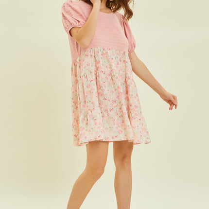 HEYSON Full Size Round Neck Floral Ruffle Hem Mini Dress