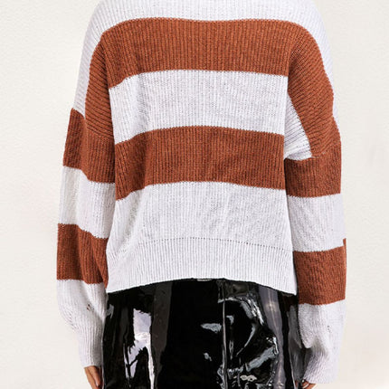 Perfee Color Block Dropped Shoulder Long Sleeve Sweater