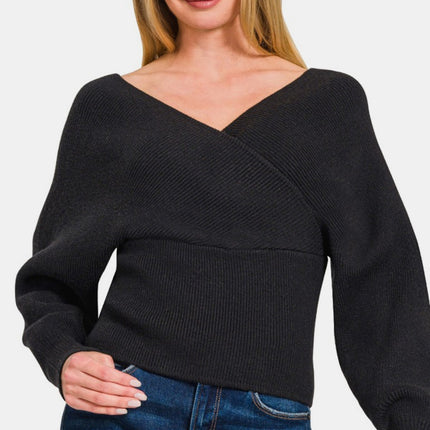 Zenana Cross Wrap Rib Long Sleeve Sweater