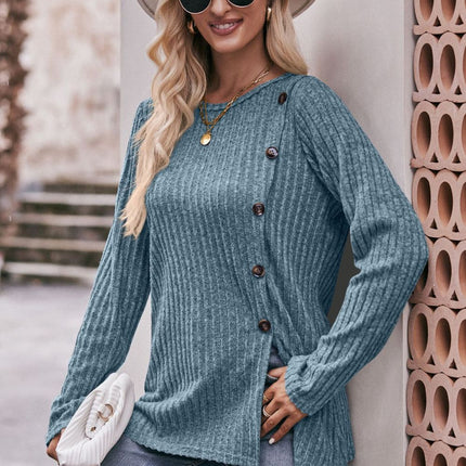 Double Take Ribbed Round Neck Buttoned Tee