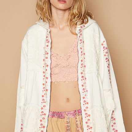 POL Embroidered Lace Patch Zip Up Hooded Jacket