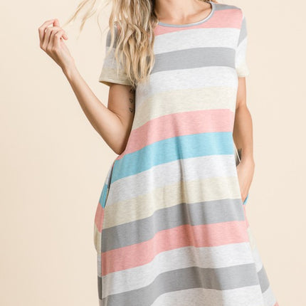 BOMBOM Striped Short Sleeve Dress with Pockets