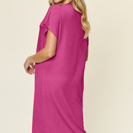 Double Take Full Size Texture Mock Neck Short Sleeve Dress