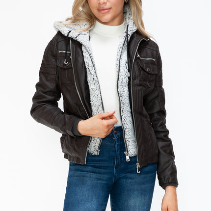 YMI Removable Faux Layered Multi-Pocket Jacket with Fuzzy Hood