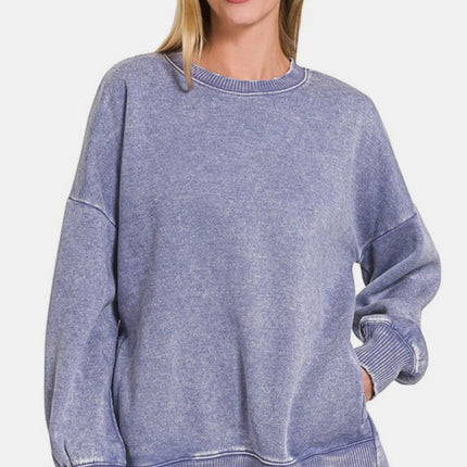 Zenana High-Low Acid Wash Fleece Sweatshirt