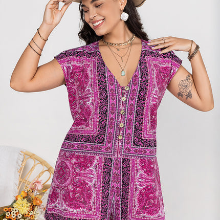 Plus Size Printed V-Neck Cap Sleeve Romper