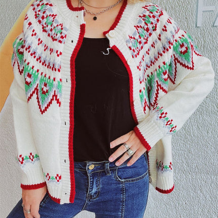 Contrast Geometric Round Neck Long Sleeve Cardigan