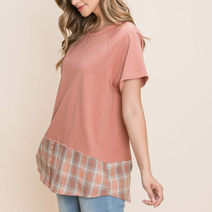 Cotton Bleu by Nu Lab Plaid Contrast Short Sleeve T-Shirt