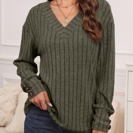 Ribbed V-Neck Long Sleeve T-Shirt