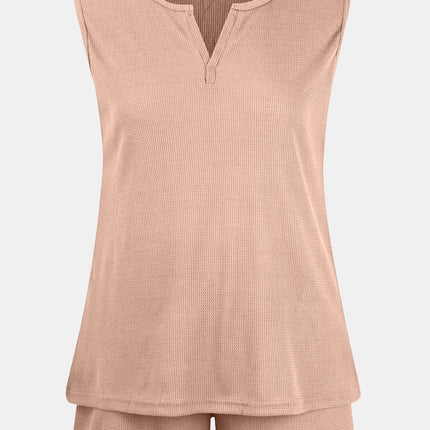 Full Size Waffle-Knit Notched Top and Shorts Set